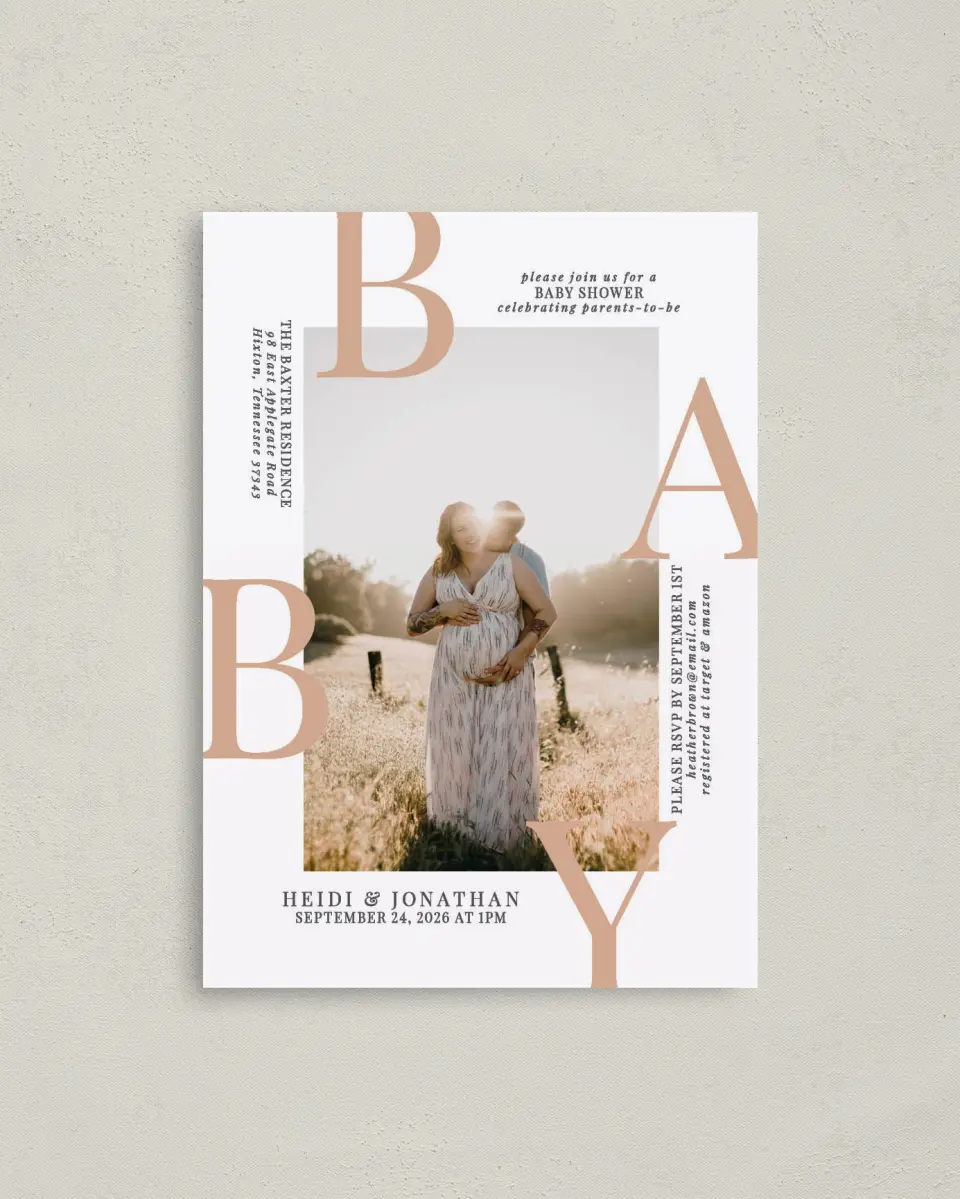 This is a 4" x 5.6" Baby Shower Invitation Postcard called Photo Baby printed in full color on Soft Touch Finish paper