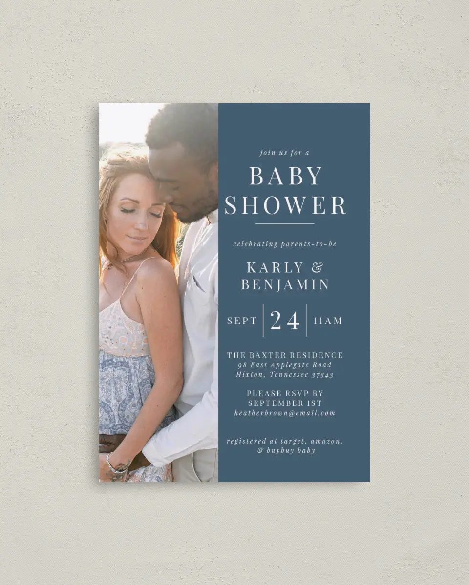 This is a 4" x 5.6" Baby Shower Invitation Postcard called Simple Soiree printed in full color on Soft Touch Finish paper