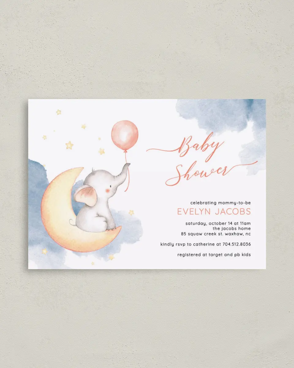 This is a 4" x 5.6" Baby Shower Invitation Postcard called Elephant Moon printed in full color on Soft Touch Finish paper