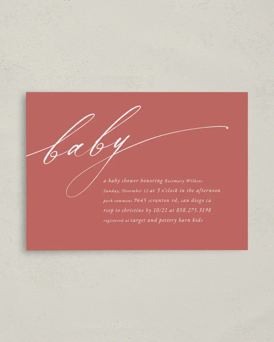 This is a 4" x 5.6" Baby Shower Invitation Postcard called Elegant Babe printed in full color on Soft Touch Finish paper