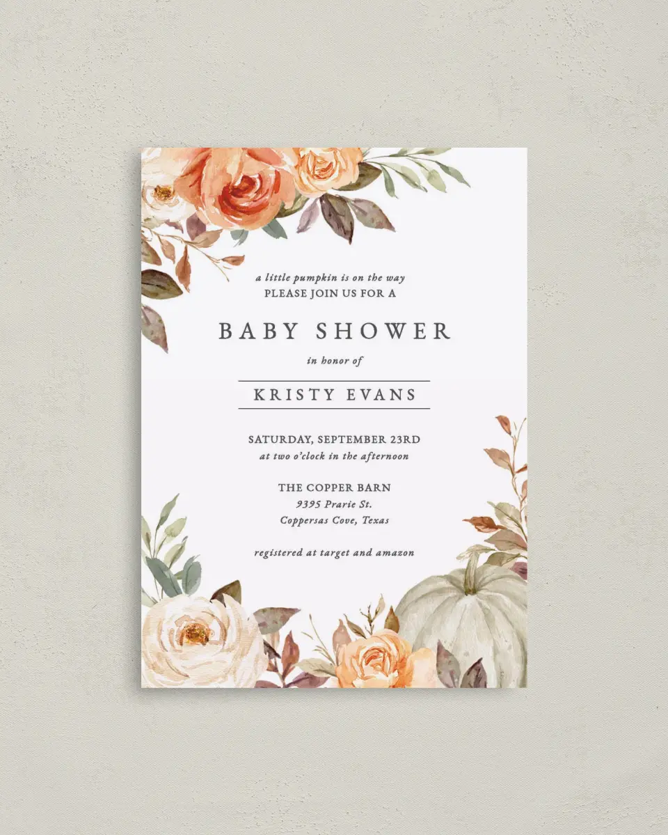 This is a 4" x 5.6" Baby Shower Invitation Postcard called Autumn Baby printed in full color on Soft Touch Finish paper