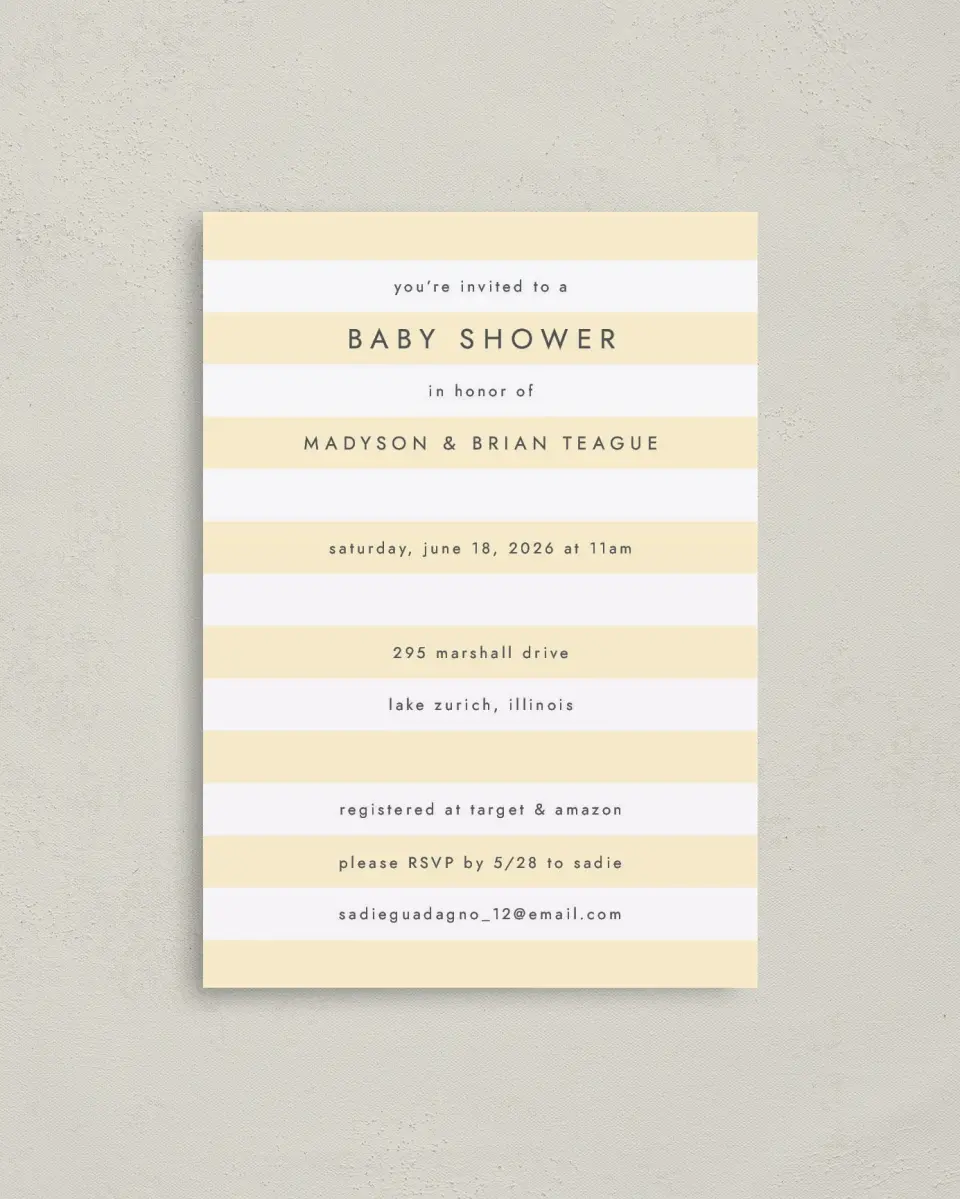 This is a 4" x 5.6" Baby Shower Invitation Postcard called Simple Stripes printed in full color on Soft Touch Finish paper