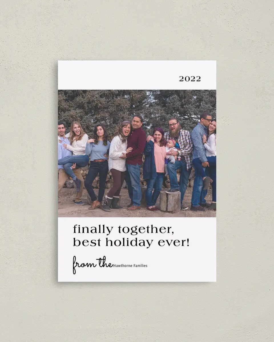 This is a 4" x 5.6" Christmas Card called Finally Together printed in full color on Premium Smooth paper