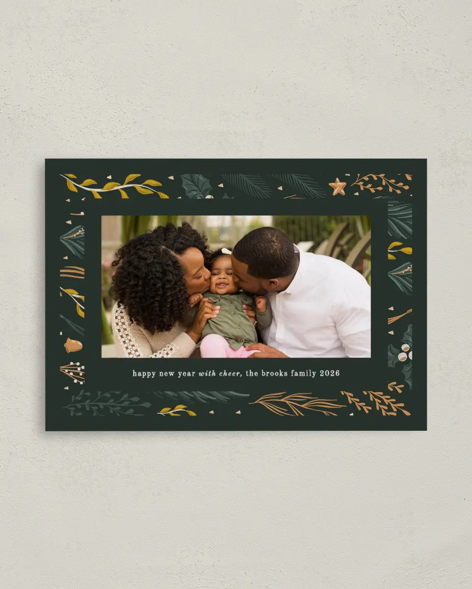 This is a 4" x 5.6" Christmas Card called Bold Border printed in full color with Rose Gold foil on Soft Suede (coated) paper