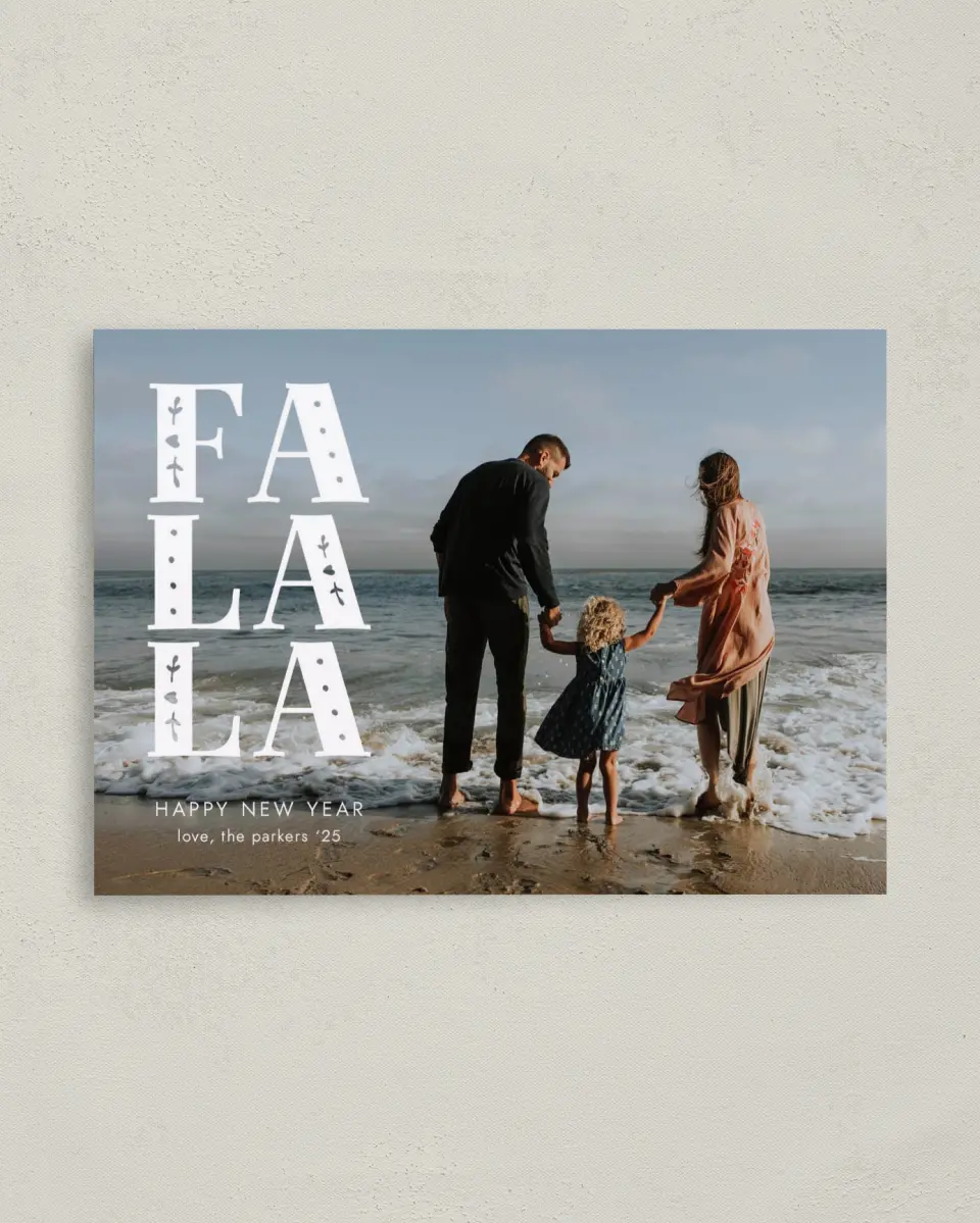 This is a 4" x 5.6" Christmas Card called Fa La La printed in full color with Rose Gold foil on Soft Suede (coated) paper