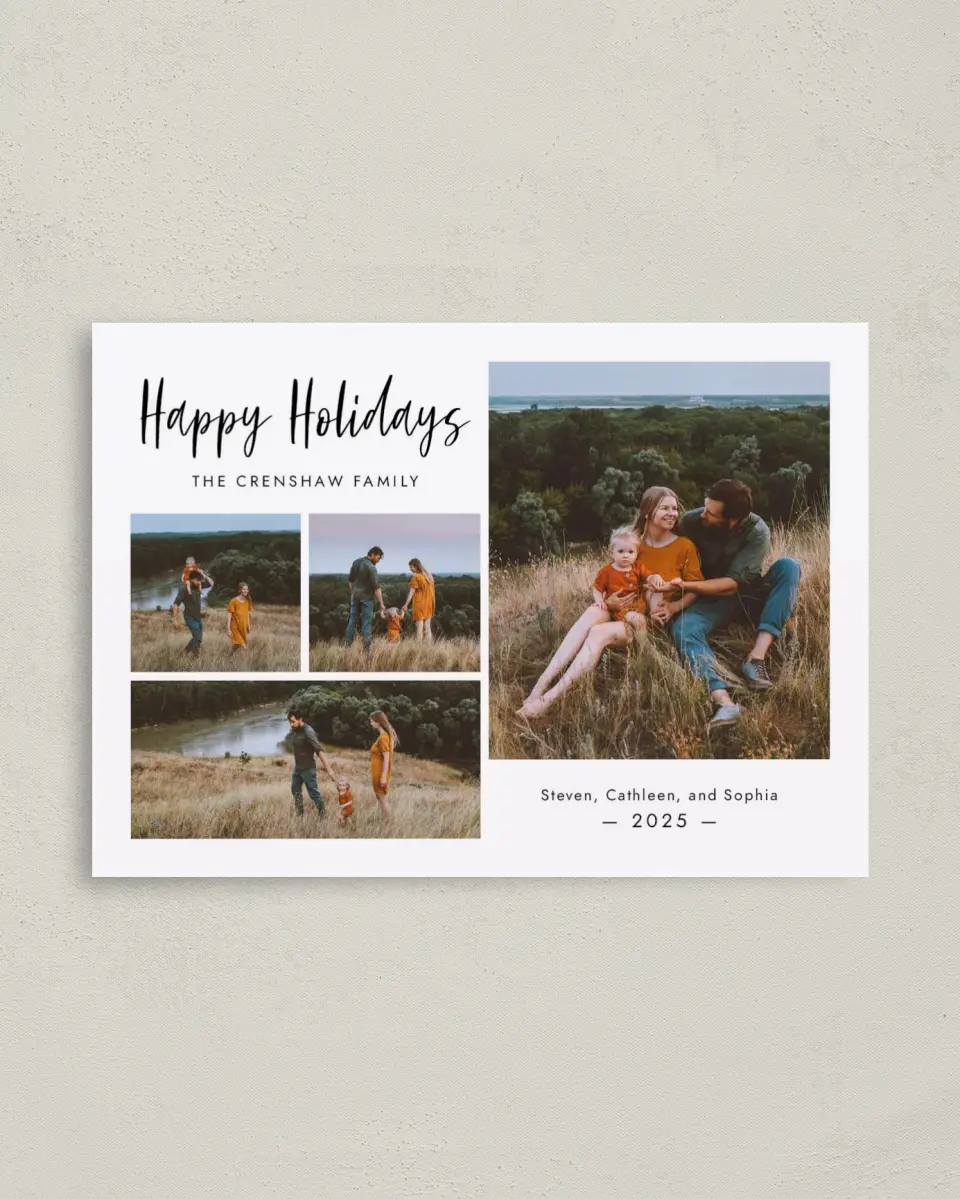 This is a 4" x 5.6" Christmas Card called Holiday Grid printed in full color with Silver foil on Soft Suede (coated) paper