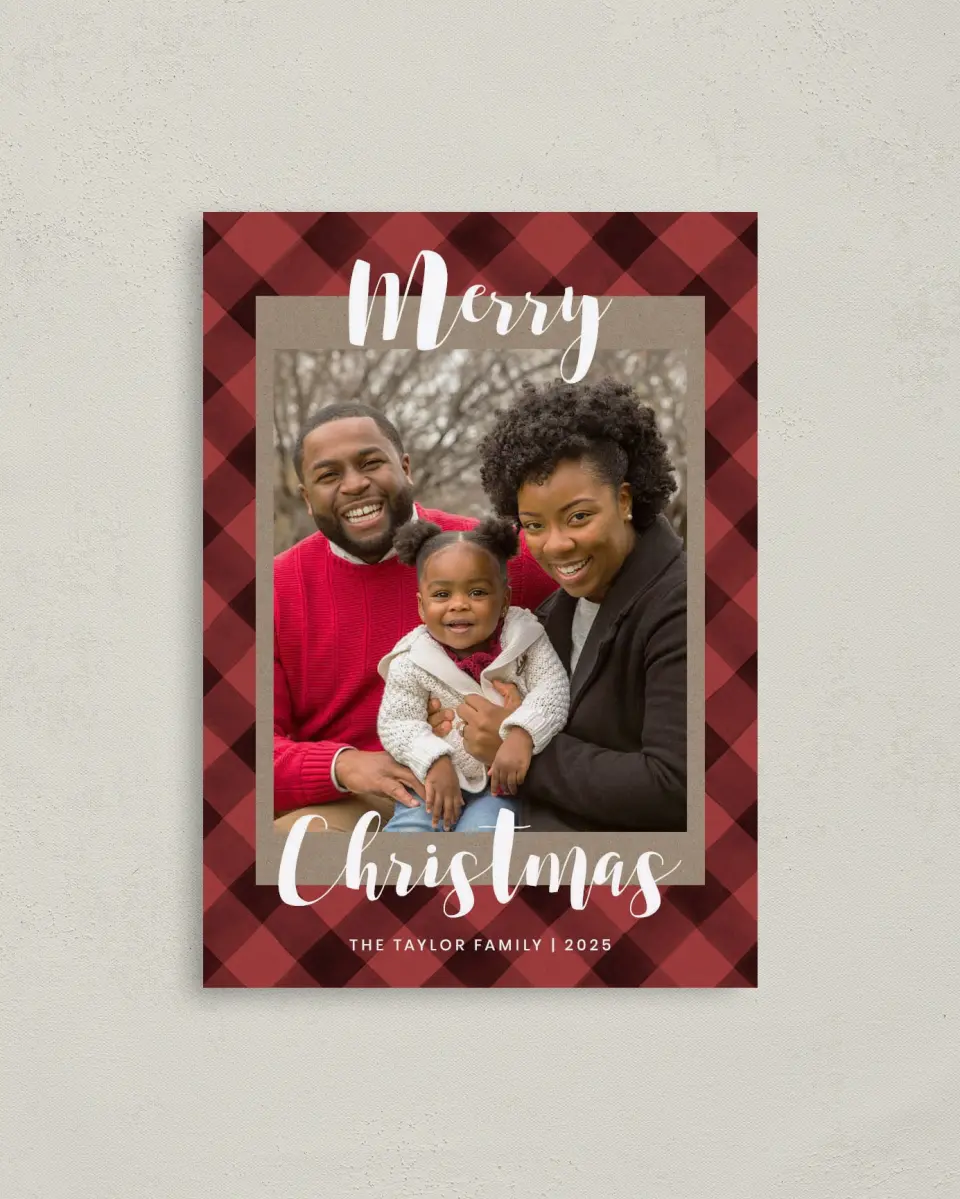 This is a 4" x 5.6" Christmas Card called Plaid Christmas printed in full color on Premium Smooth paper