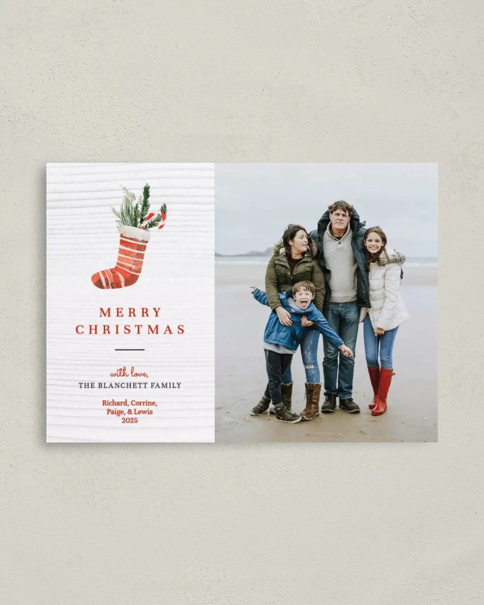 This is a 4" x 5.6" Christmas Card called Merry Stocking printed in full color on Premium Smooth paper