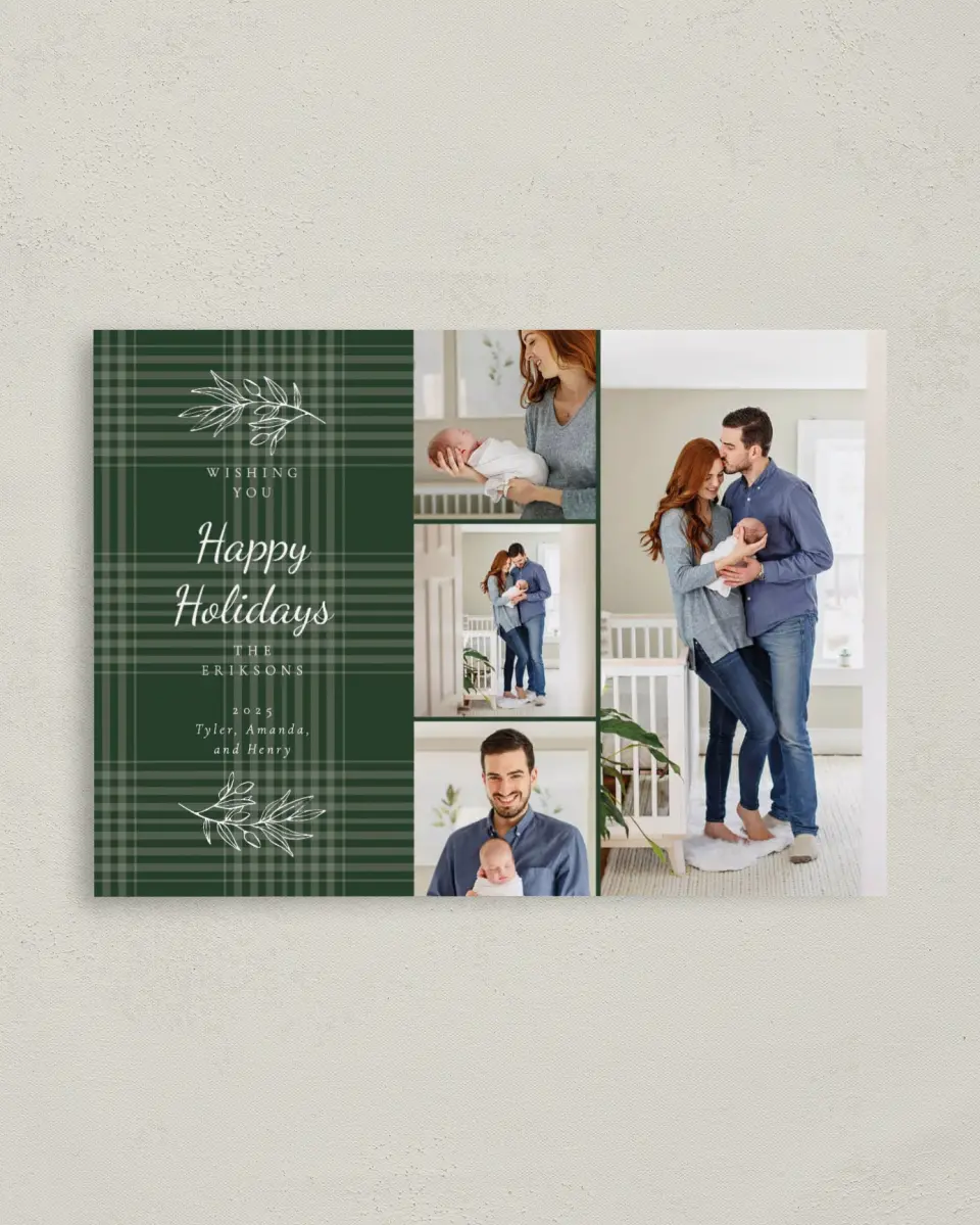 This is a 4" x 5.6" Christmas Card called Holiday Plaid printed in full color on Premium Smooth paper