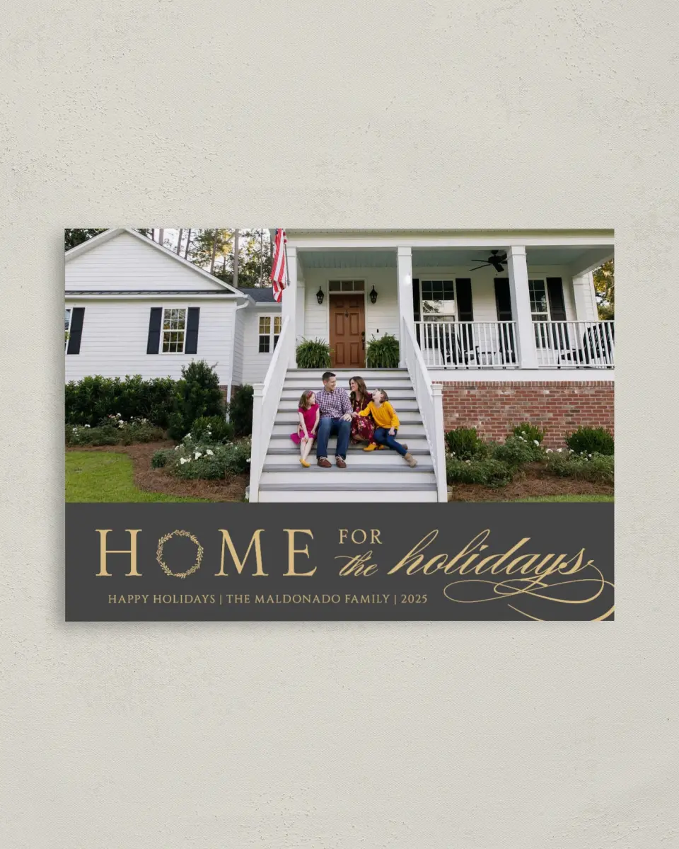 This is a 4" x 5.6" Christmas Card called Holiday Home printed in full color on Premium Smooth paper