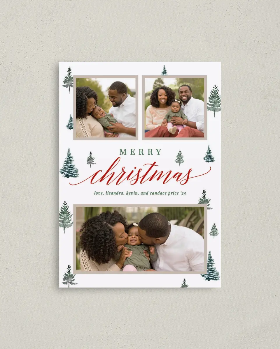 This is a 4" x 5.6" Christmas Card called Merry Trees printed in full color on Premium Smooth paper