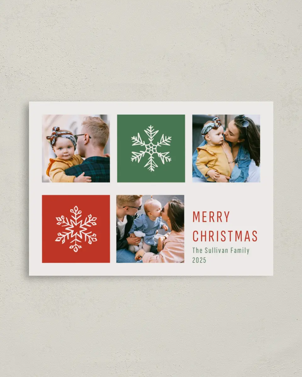 This is a 4" x 5.6" Christmas Card called Snowflake Spaces printed in full color with Rose Gold foil on Soft Suede (coated) paper