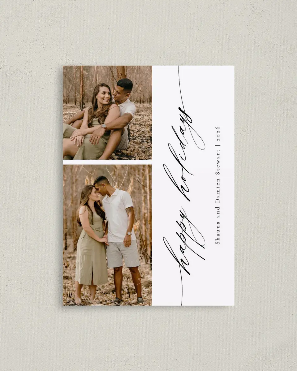 This is a 4" x 5.6" Christmas Card called Sweet Script printed in full color with Rose Gold foil on Soft Suede (coated) paper