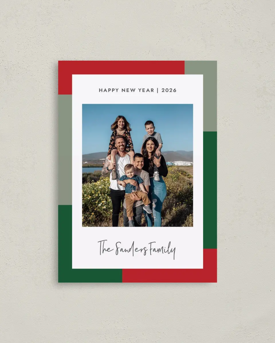 This is a 4" x 5.6" Christmas Card called Family Frame printed in full color with Rose Gold foil on Soft Suede (coated) paper