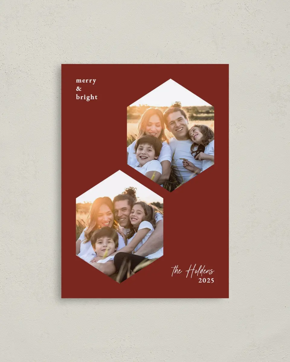 This is a 4" x 5.6" Christmas Card called Hexagon Holiday printed in full color with Rose Gold foil on Soft Suede (coated) paper