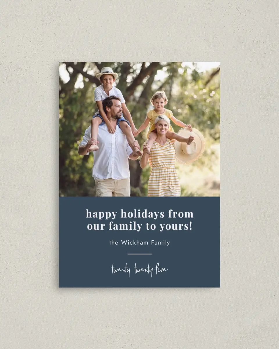 This is a 4" x 5.6" Christmas Card called Family Treasure printed in full color with Rose Gold foil on Soft Suede (coated) paper