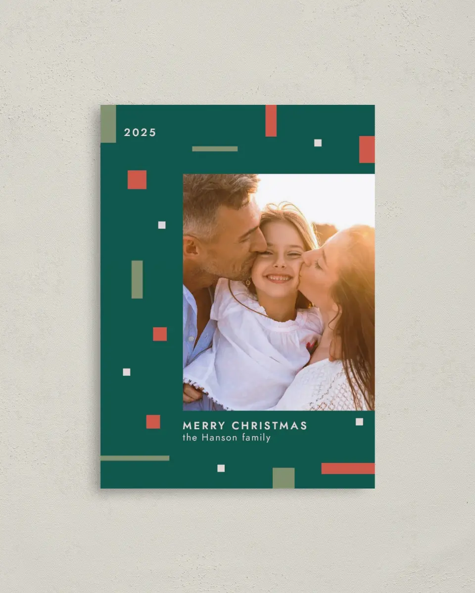 This is a 4" x 5.6" Christmas Card called Festive Bitmap printed in full color with Rose Gold foil on Soft Suede (coated) paper