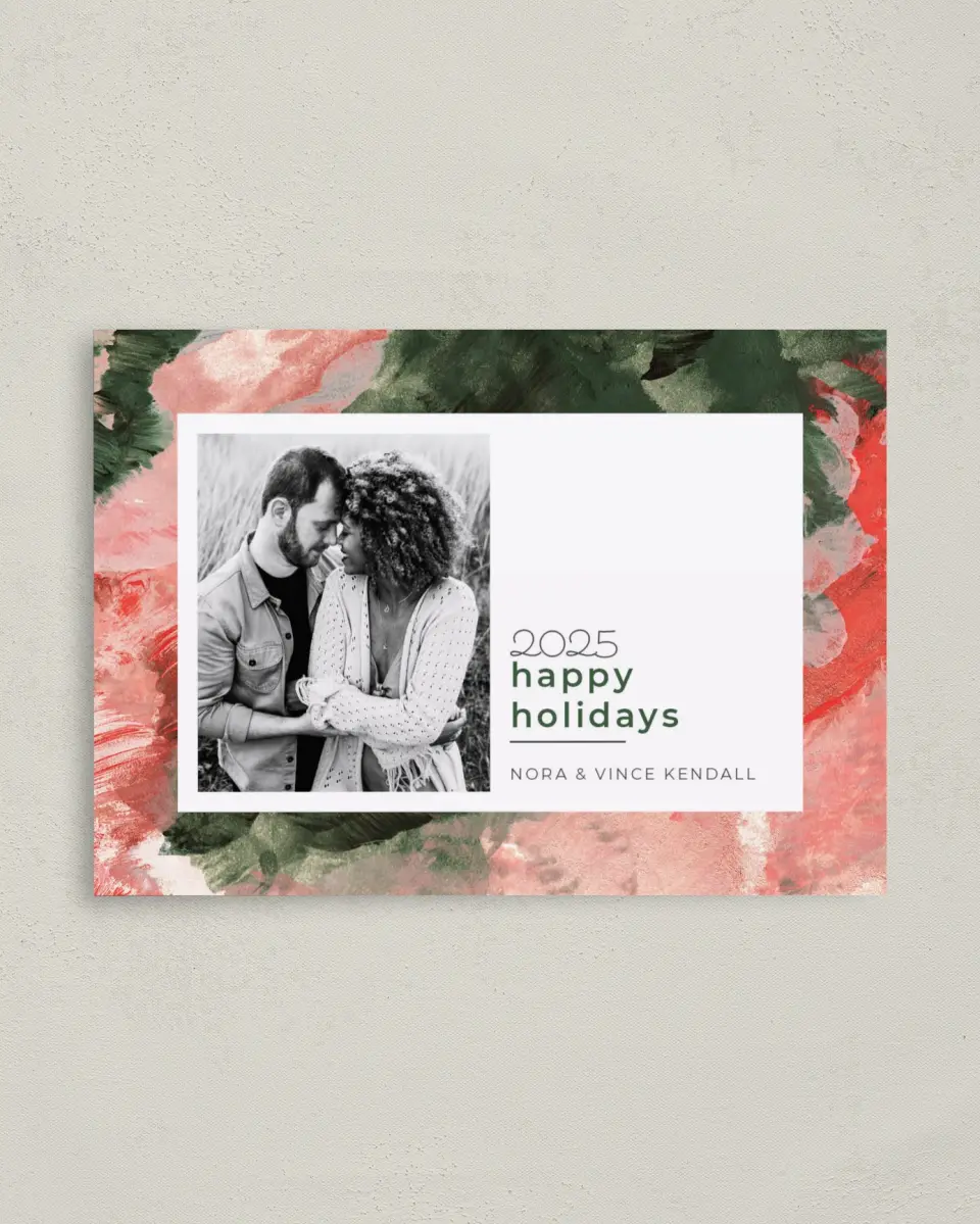This is a 4" x 5.6" Christmas Card called Painted Tradition printed in full color with Rose Gold foil on Soft Suede (coated) paper