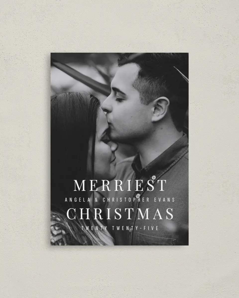 This is a 4" x 5.6" Christmas Card called Merriest Memory printed in full color with Rose Gold foil on Soft Suede (coated) paper