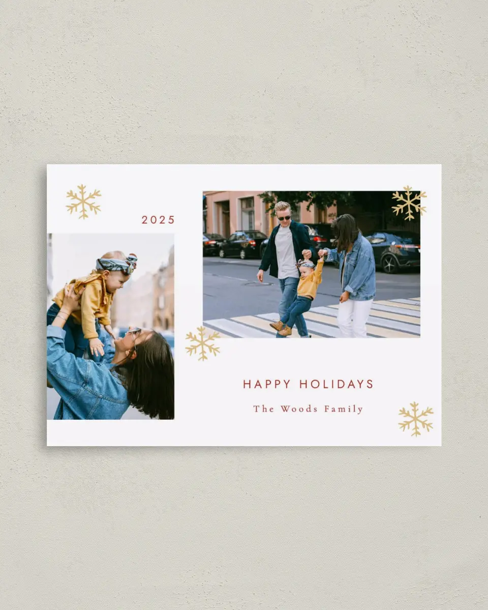 This is a 4" x 5.6" Christmas Card called Sweet Snowfall printed in full color with Rose Gold foil on Soft Suede (coated) paper