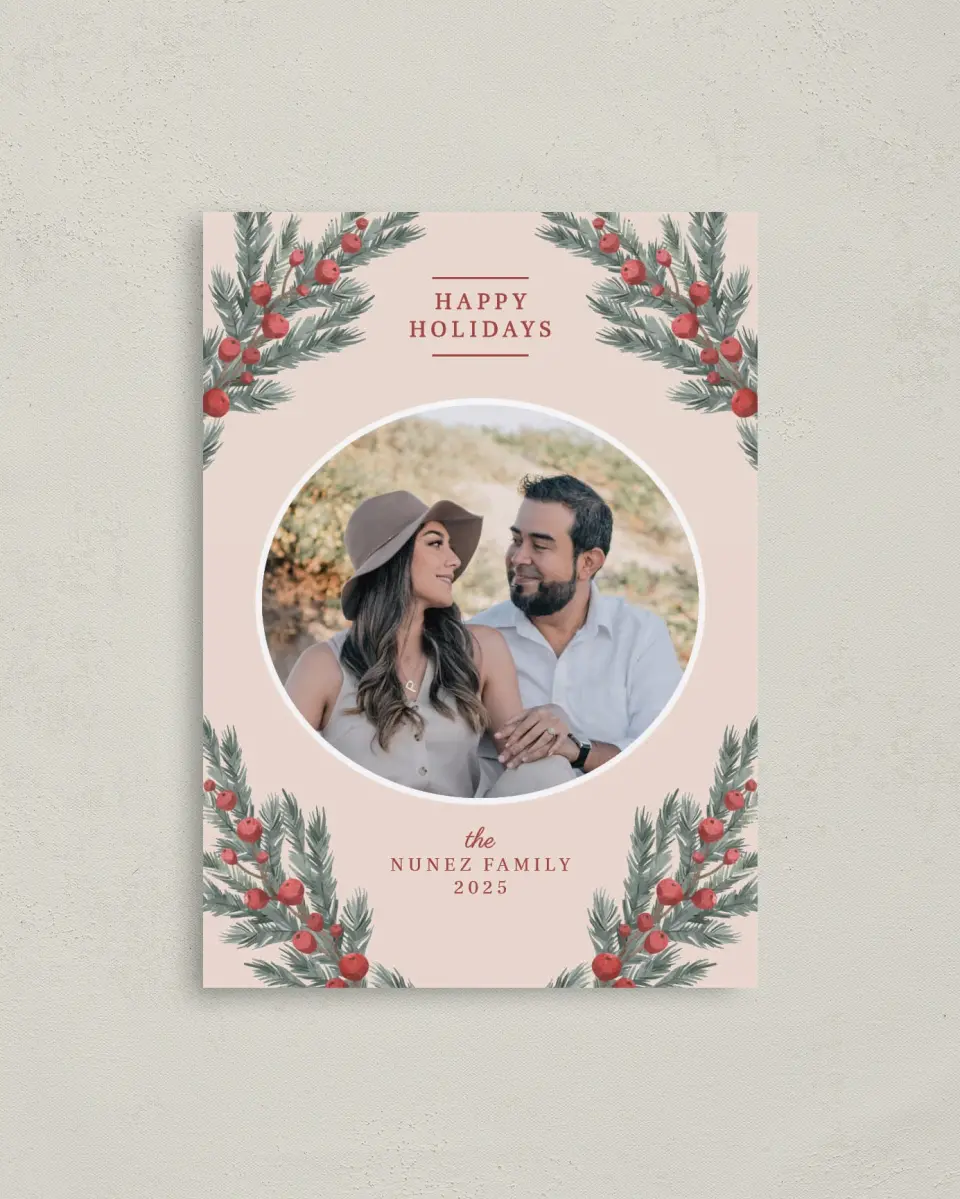 This is a 4" x 5.6" Christmas Card called Fruitful Garland printed in full color with Rose Gold foil on Soft Suede (coated) paper