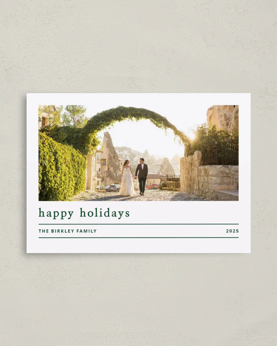This is a 4" x 5.6" Christmas Card called Clear Celebration printed in full color with Rose Gold foil on Soft Suede (coated) paper