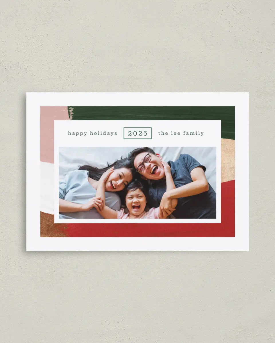 This is a 4" x 5.6" Christmas Card called Delightful Texture printed in full color with Rose Gold foil on Soft Suede (coated) paper