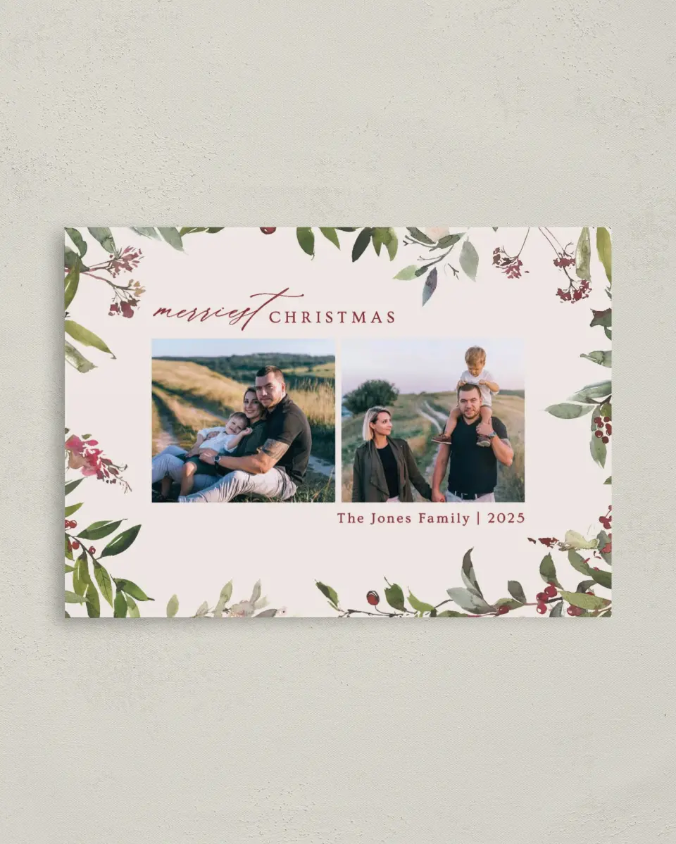 This is a 4" x 5.6" Christmas Card called Cheery Surround printed in full color with Rose Gold foil on Soft Suede (coated) paper