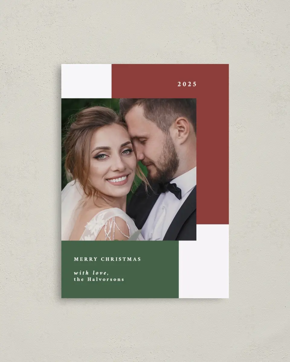 This is a 4" x 5.6" Christmas Card called Mod Yule printed in full color with Rose Gold foil on Soft Suede (coated) paper