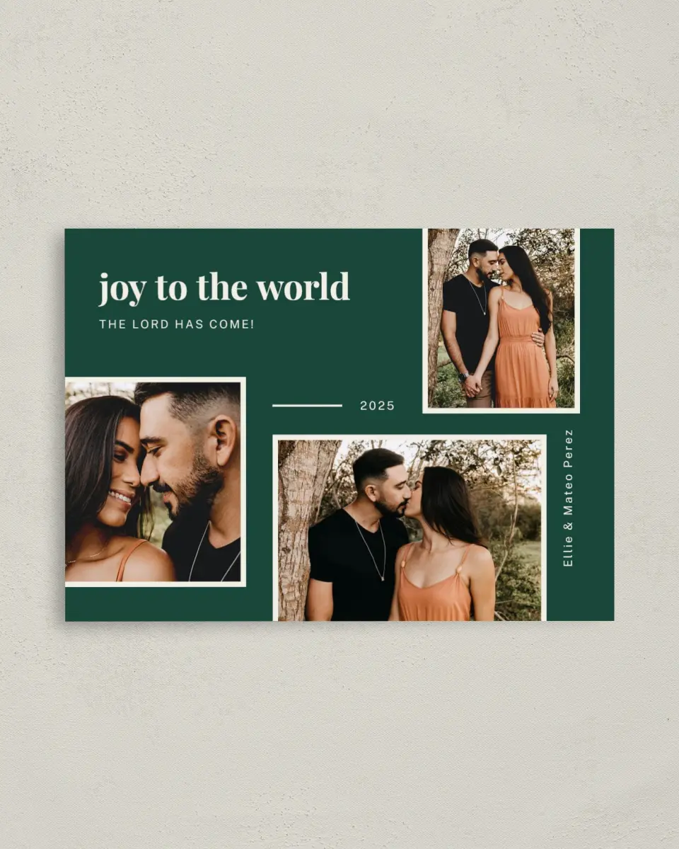 This is a 4" x 5.6" Christmas Card called Joy Comes printed in full color with Rose Gold foil on Soft Suede (coated) paper