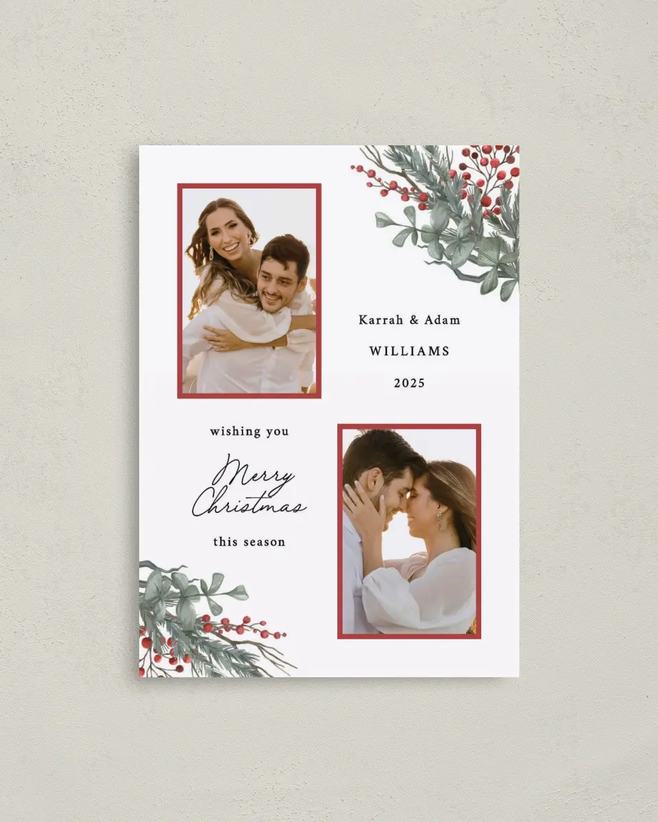 This is a 4" x 5.6" Christmas Card called Berry Christmas printed in full color with Rose Gold foil on Soft Suede (coated) paper
