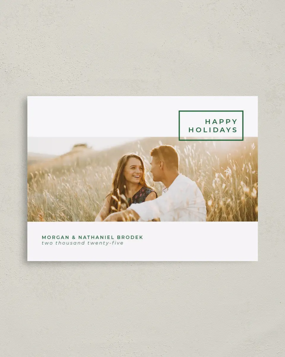 This is a 4" x 5.6" Christmas Card called Pure Panorama printed in full color with Rose Gold foil on Soft Suede (coated) paper
