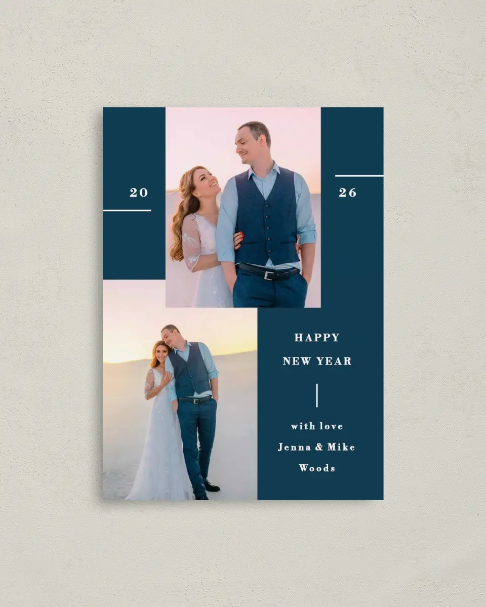 This is a 4" x 5.6" Christmas Card called Fine Line printed in full color with Rose Gold foil on Soft Suede (coated) paper