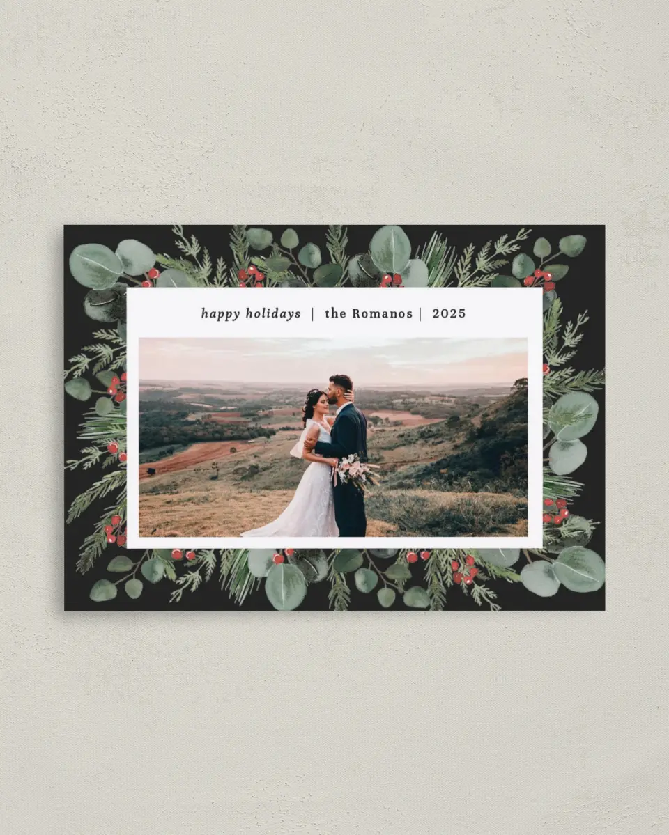 This is a 4" x 5.6" Christmas Card called Laurel Crown printed in full color with Rose Gold foil on Soft Suede (coated) paper