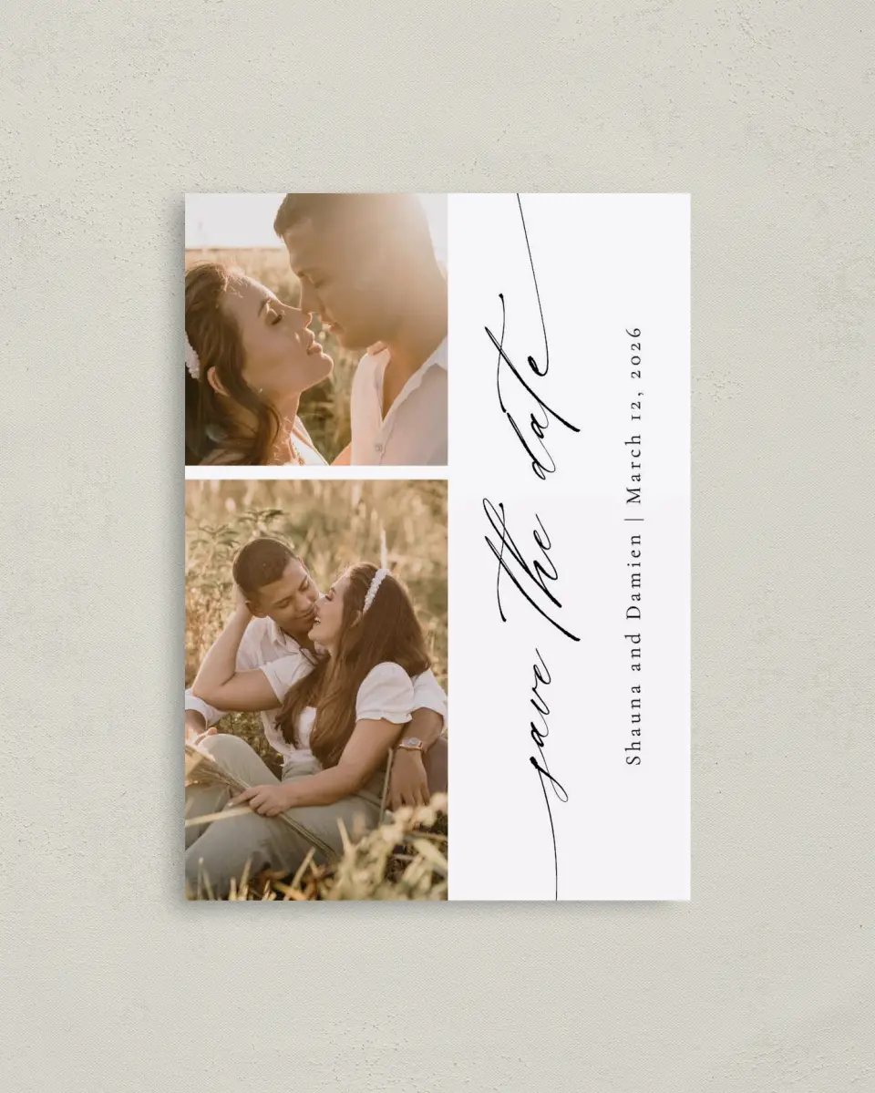 This is a 4" x 5.6" Save the Date Postcard called Special Script printed in full color with Rose Gold foil on Soft Touch Finish paper