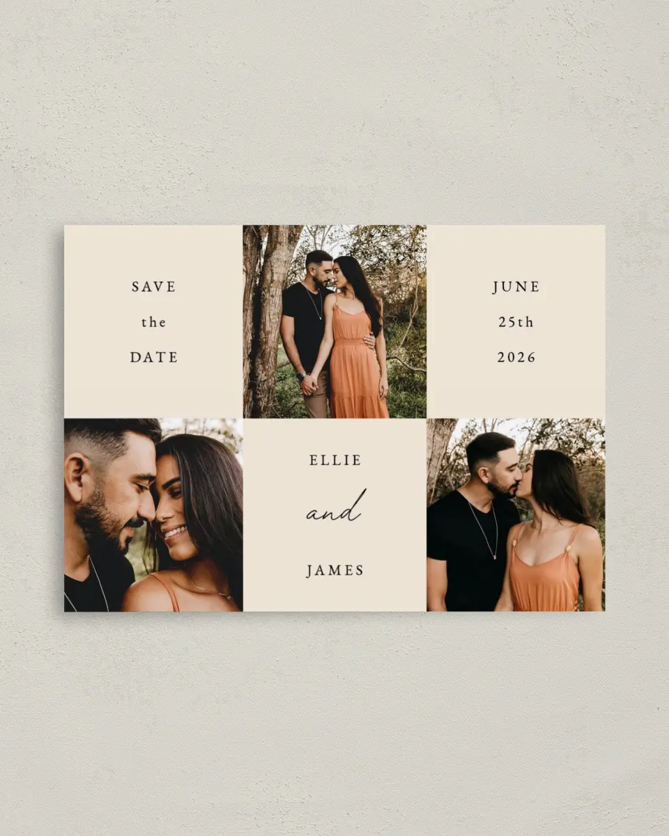 This is a 4" x 5.6" Save the Date Postcard called Quiet Affection printed in full color on Soft Touch Finish paper