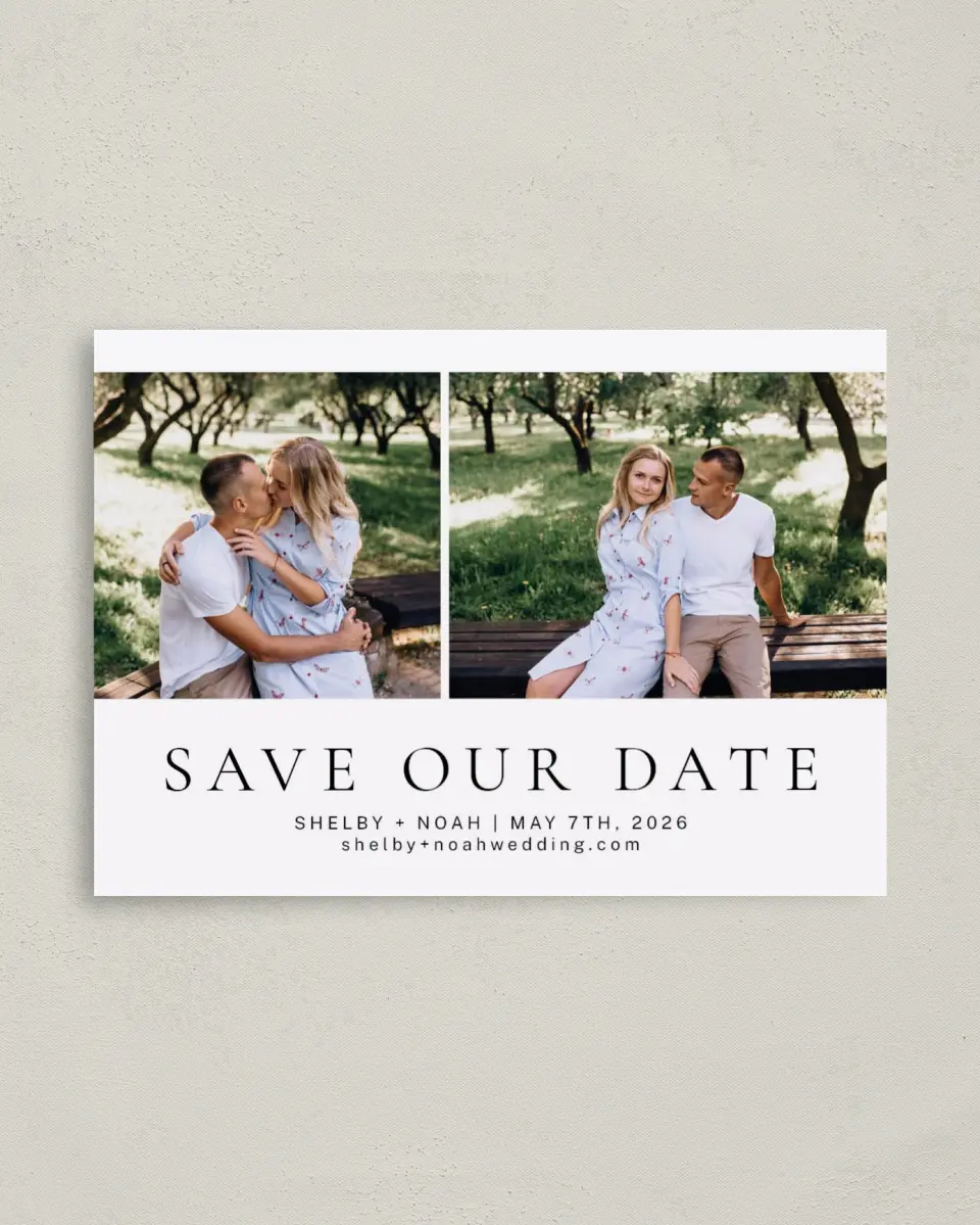 This is a 4" x 5.6" Save the Date Postcard called Grand Devotion printed in full color on Soft Touch Finish paper