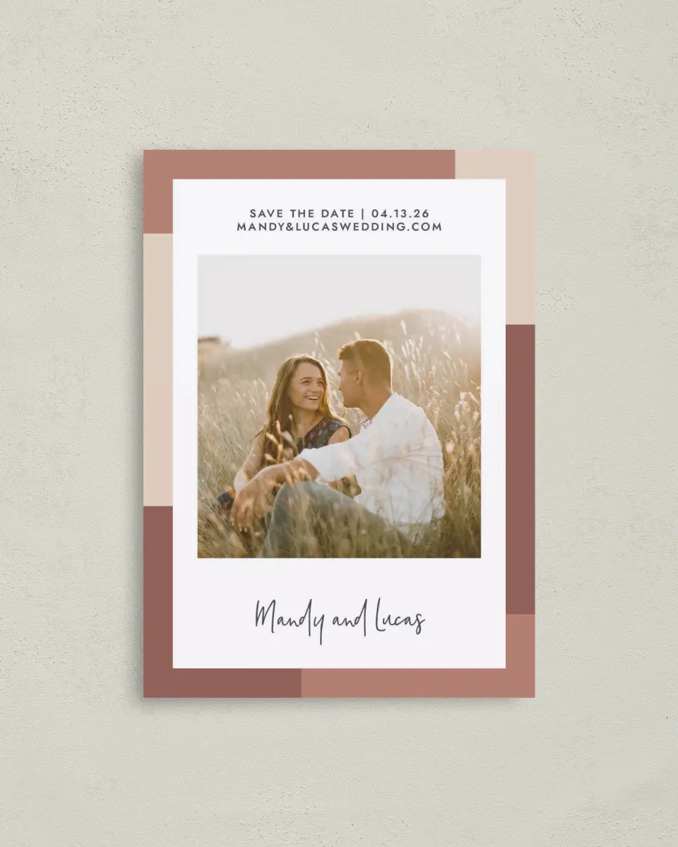 This is a 4" x 5.6" Save the Date Postcard called Sweet Frame printed in full color with Rose Gold foil on Soft Touch Finish paper