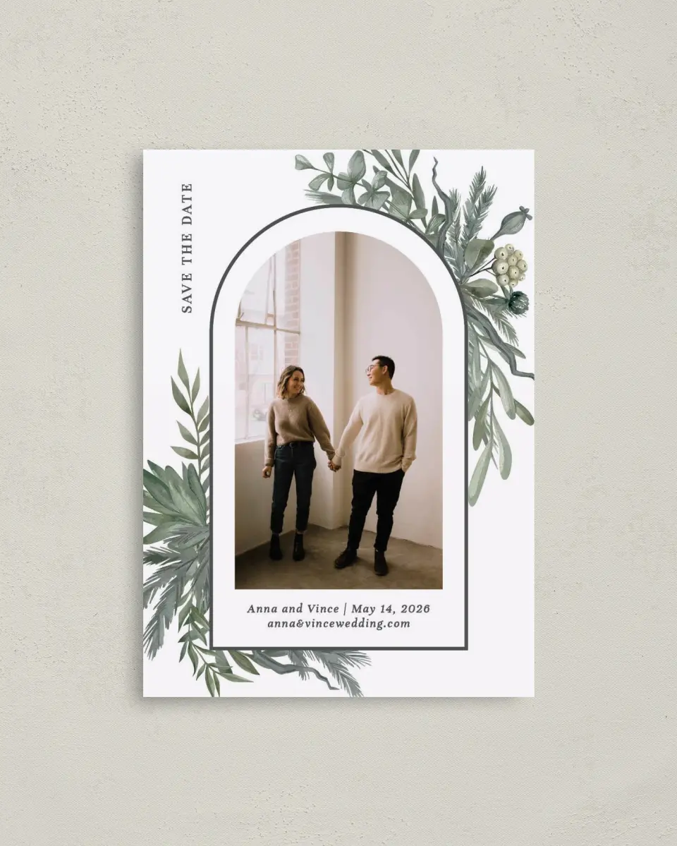 This is a 4" x 5.6" Save the Date Postcard called Greenery Arch printed in full color on Soft Touch Finish paper
