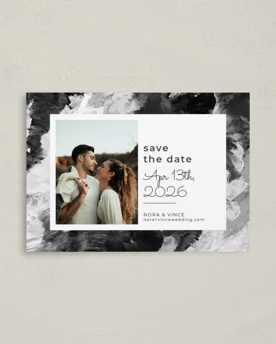 This is a 4" x 5.6" Save the Date Postcard called Painted Passion printed in full color on Soft Touch Finish paper