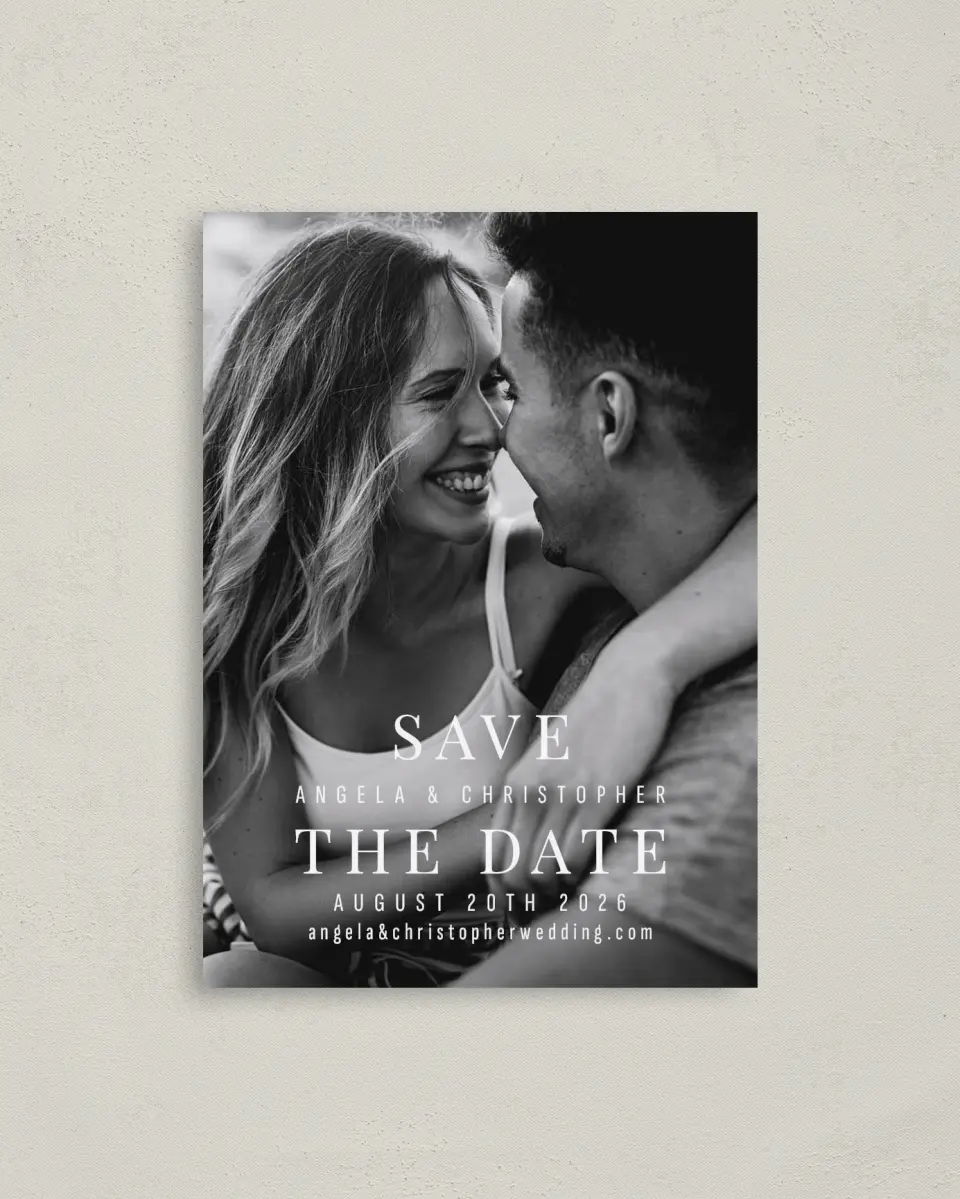 This is a 4" x 5.6" Save the Date Postcard called Lovely Memory printed in full color with Rose Gold foil on Soft Touch Finish paper
