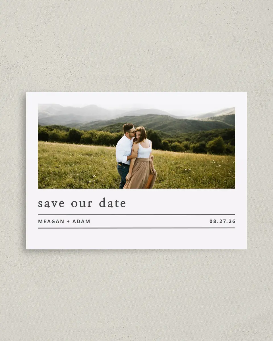 This is a 4" x 5.6" Save the Date Postcard called Clear Choice printed in full color on Soft Touch Finish paper