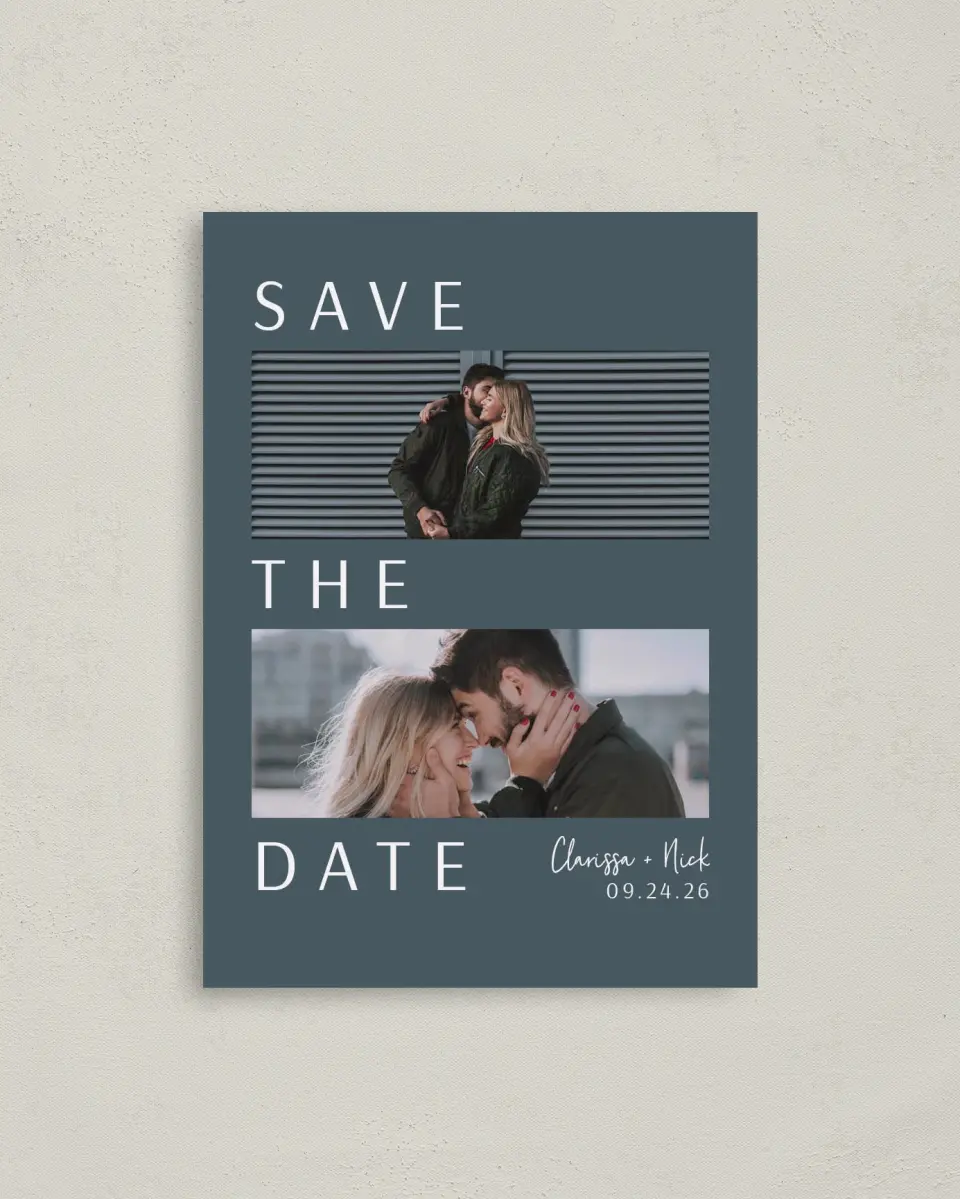 This is a 4" x 5.6" Save the Date Postcard called Modest Emotion printed in full color with Rose Gold foil on Soft Touch Finish paper