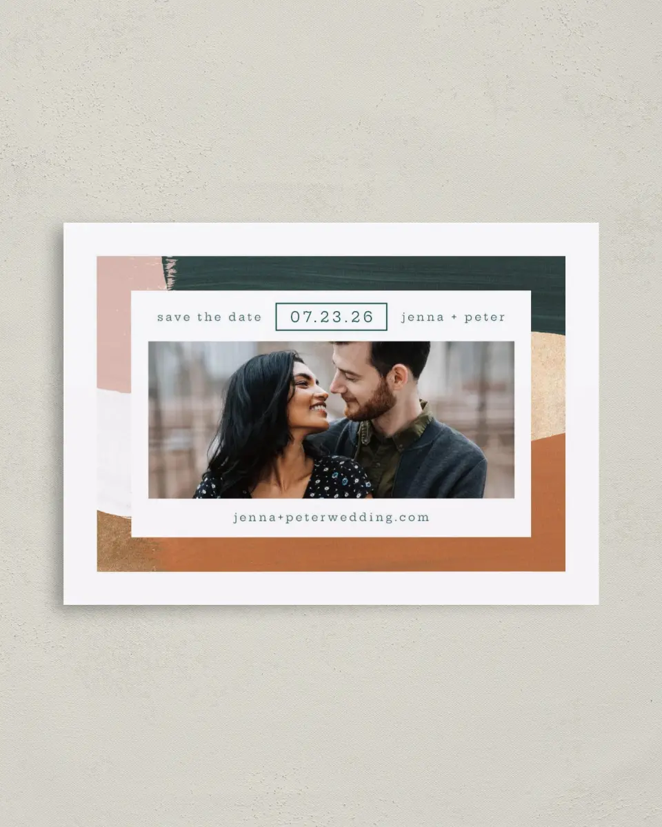 This is a 4" x 5.6" Save the Date Postcard called Tasteful Texture printed in full color on Soft Touch Finish paper