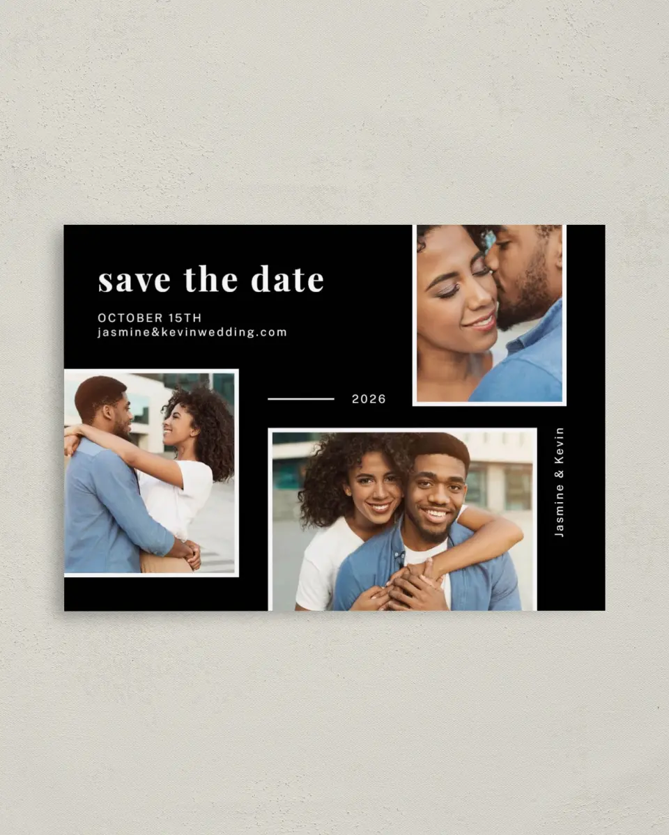 This is a 4" x 5.6" Save the Date Postcard called Secure Joy printed in full color on Soft Touch Finish paper