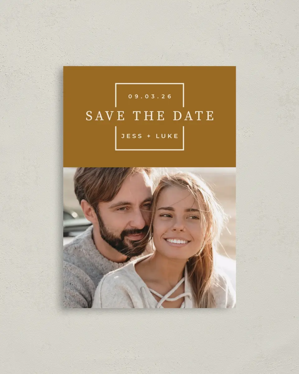 This is a 4" x 5.6" Save the Date Postcard called Sentimental Square printed in full color with Rose Gold foil on Soft Touch Finish paper