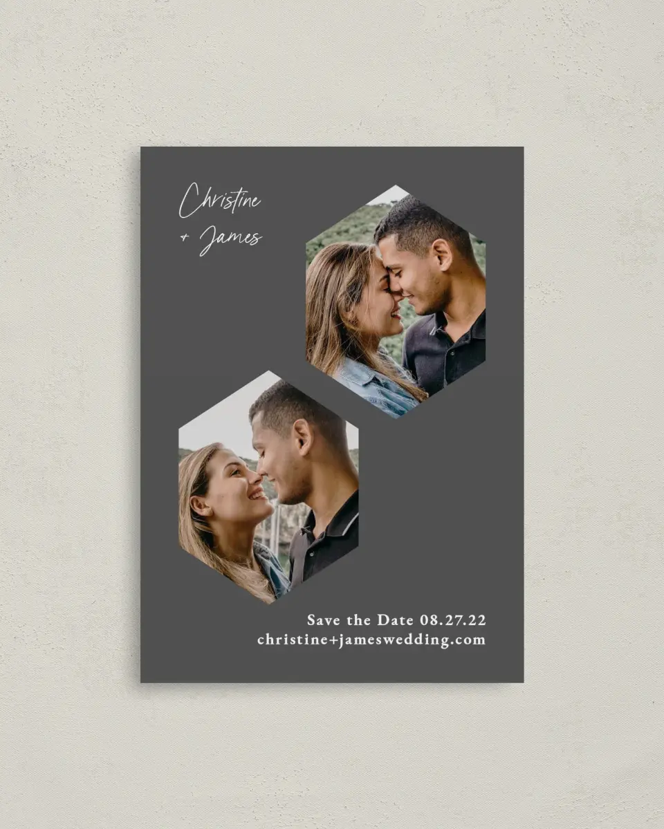 This is a 4" x 5.6" Save the Date Postcard called Hexagon Embrace printed in full color on Soft Touch Finish paper