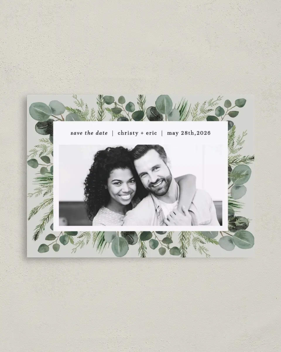 This is a 4" x 5.6" Save the Date Postcard called Laurel Squeeze printed in full color on Soft Touch Finish paper