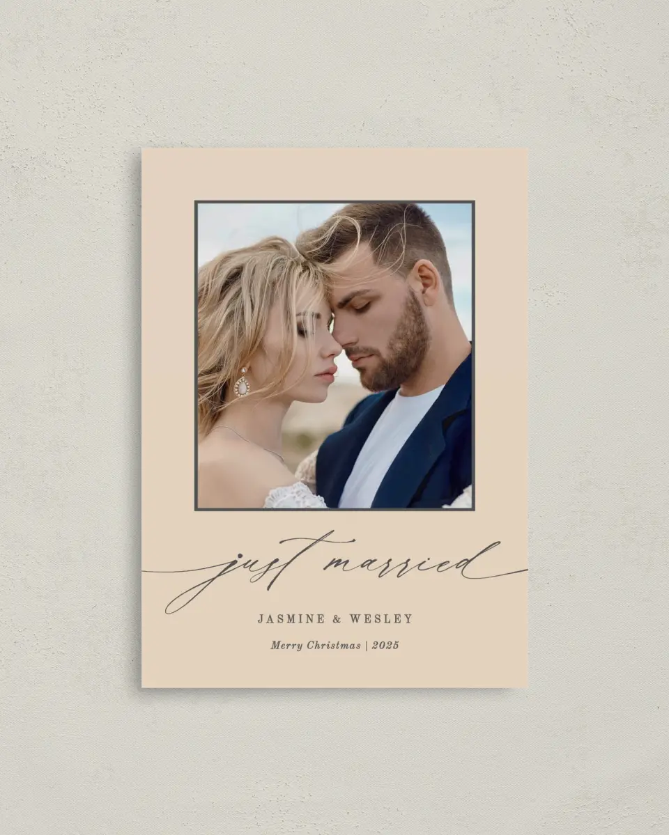 This is a 4" x 5.6" Christmas Card called Just Married printed in full color on Premium Smooth paper