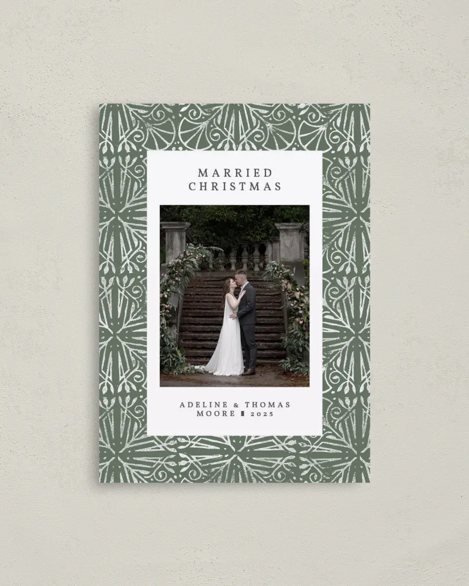 This is a 4" x 5.6" Christmas Card called Married Motif printed in full color on Premium Smooth paper